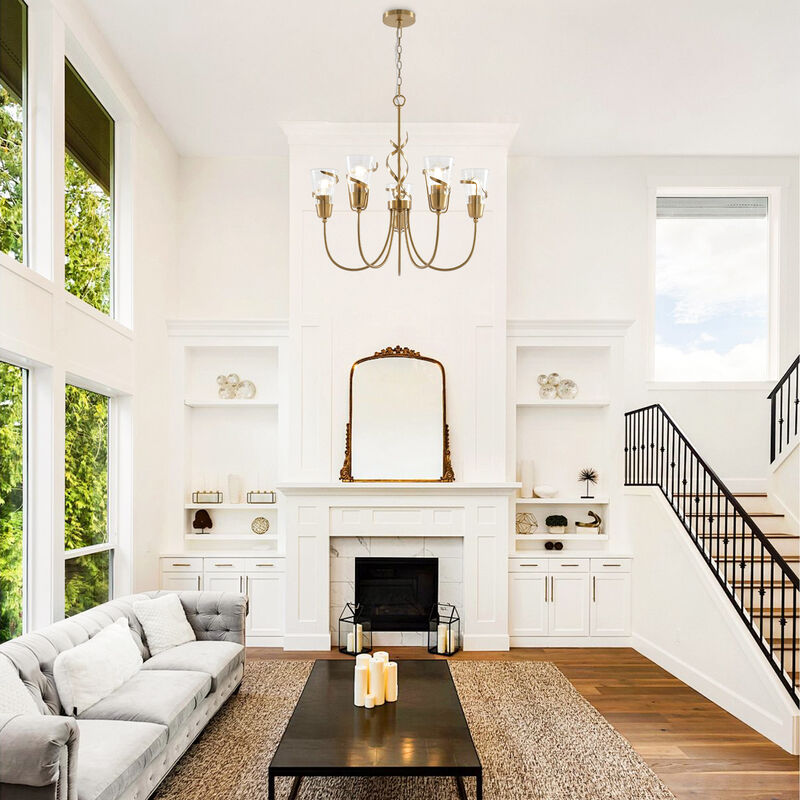 26 in. 5-Light Plated Gold Chandelier with Seeded Glass Shade