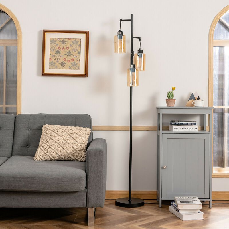 Floor Lamp with 3-Head Hanging Amber Glass Shades for Living Room or Bedroom Decor
