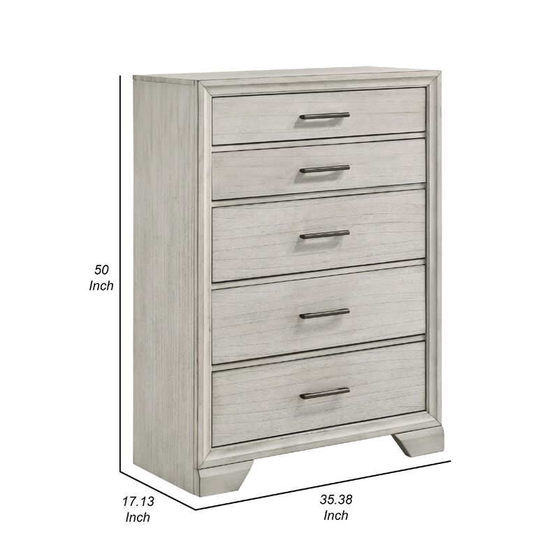 Jeni Tall Dresser Chest, 5 Drawers, Chrome Handles, Rustic White Mist