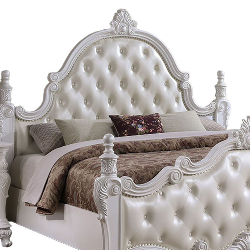 Moni King Bed, White Button Tufted Traditional Upholstery, Solid Wood
