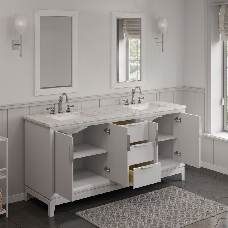 Elizabeth 72 In. Double Sink Carrara White Marble Countertop Bath Vanity In Pure White with Brushed Silver Hardware