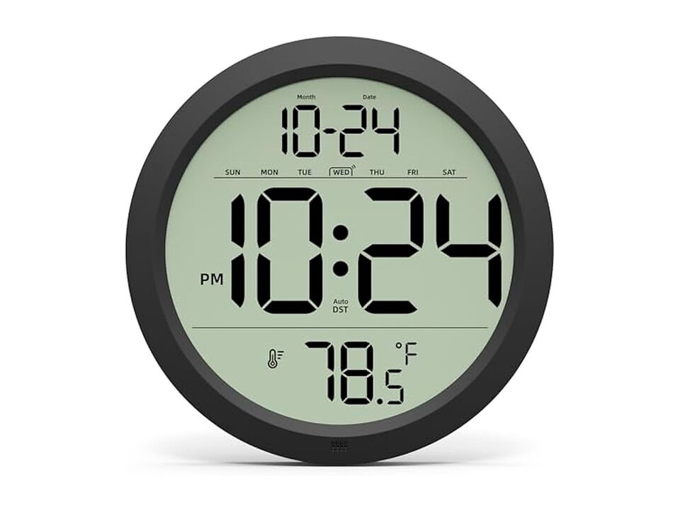 Digital Date Temperature Auto DST Electric Wall Clock 8 Inch Silent Black