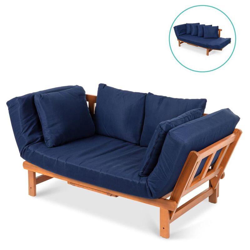Hivvago Navy Blue Outdoor Acacia Wood Convertible Sofa Futon with 4 Removable Pillows