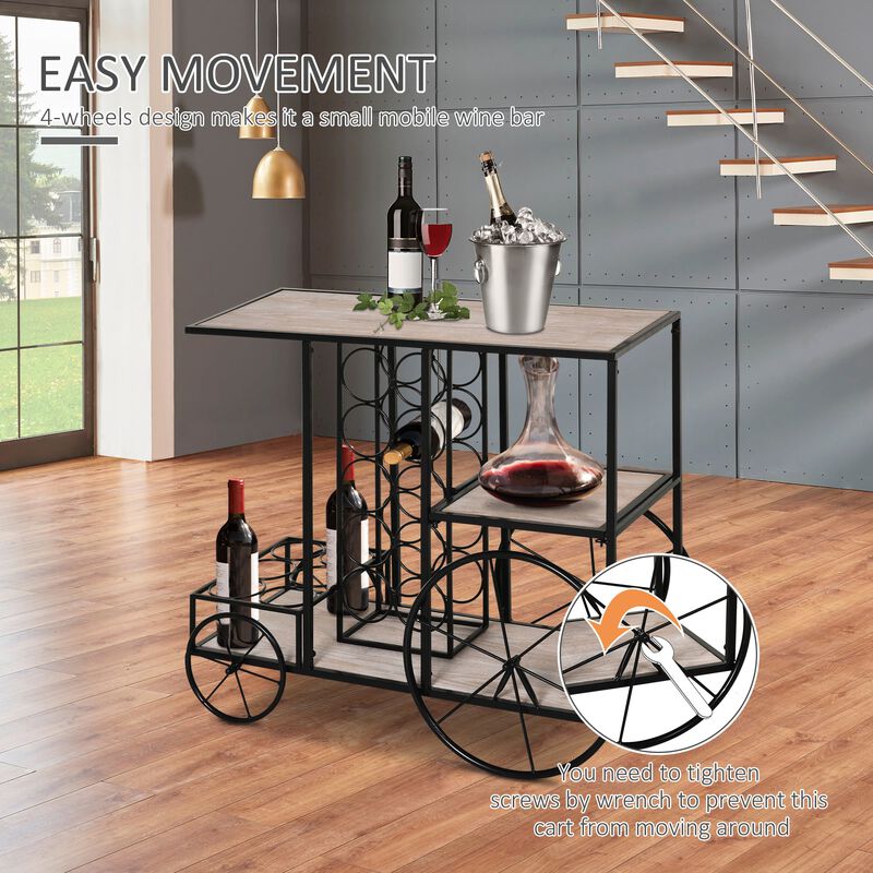 16-Bottle Mobile Bar Cart with Wine Rack Storage, Featuring an Elegant Design & Three Shelves for Storage/Display