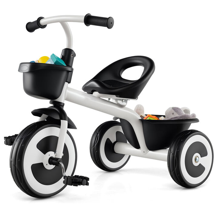 Toddler Tricycle with Adjustable Seat and Dual Storage Baskets for Park and Yard
