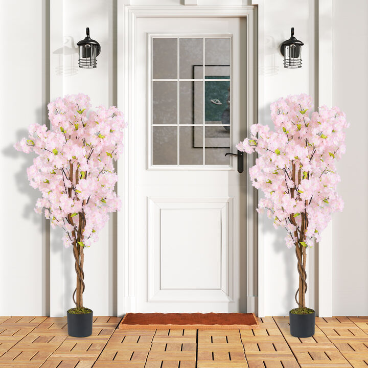 Set of 2 Tall Artificial Cherry Blossom Trees with Pink Blooming Flowers-Pink