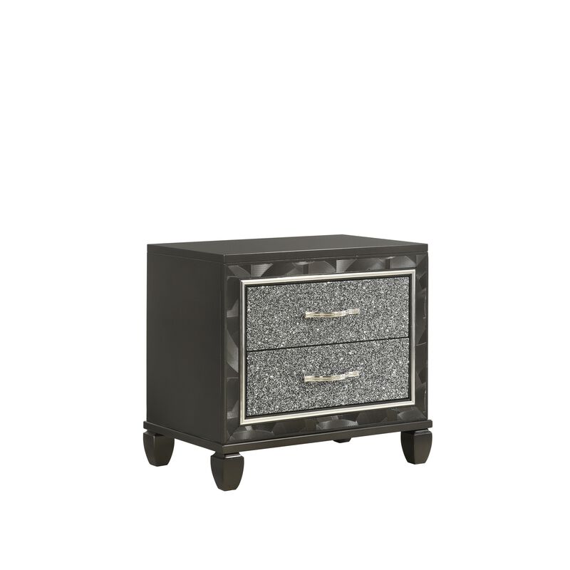 Ren 28 Inch Nightstand with 2 Glitter Front Storage Drawers, Black, Silver - Benzara