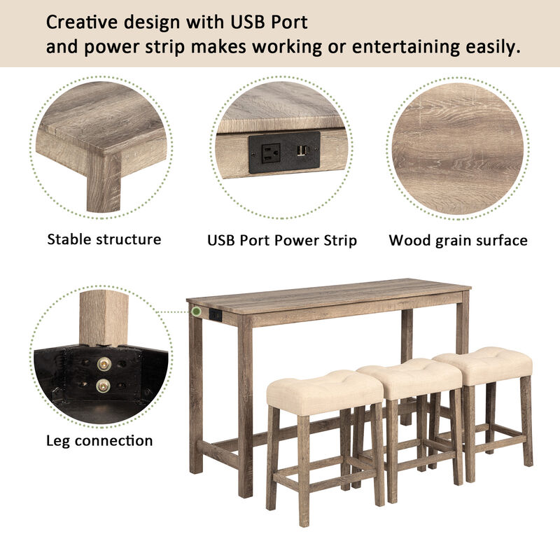 Merax Wooden Bar Table & Stool Set with USB/Type-C Ports - 3-Piece Rustic image number 3