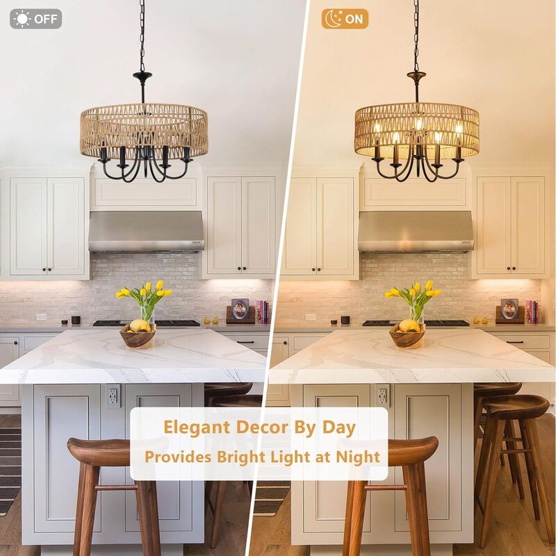 ELEMENT ACE 5-Light Hand Woven Natural Rattan Pendant Chandelier, Height Adjustable Hanging Light Fixture for Dining Room, Living Room, Kitchen Island, Bedroom, Foyer image number 6