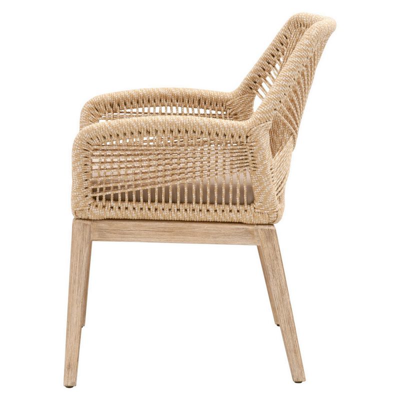 Intricate Rope Weaved Padded Arm Chair, Set of 2, Beige and Brown-Benzara