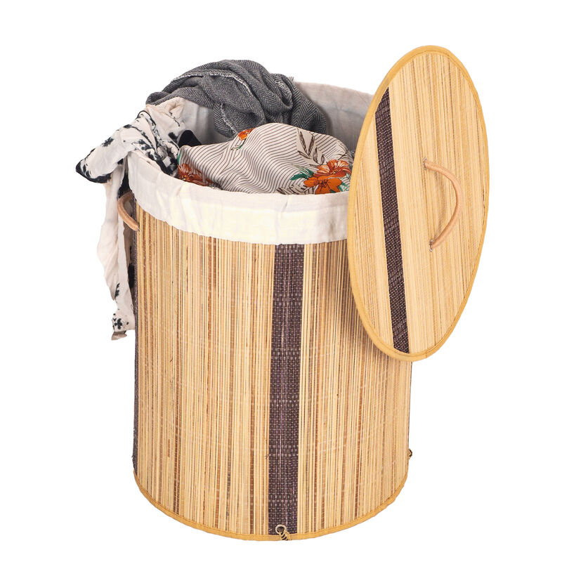 Round Coconut Stick Collapsible Waterproof Laundry Hamper with Lid and Handles for Organizer, Clothes, Toy Durable Folder Washing Bin for Easy Carrying