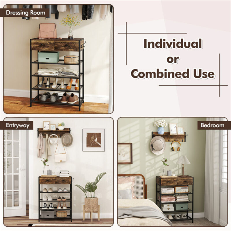 5 Hook Entryway Coat Rack with 2 Drawer Shoe Cabinet and 4 Mesh Shelves image number 6