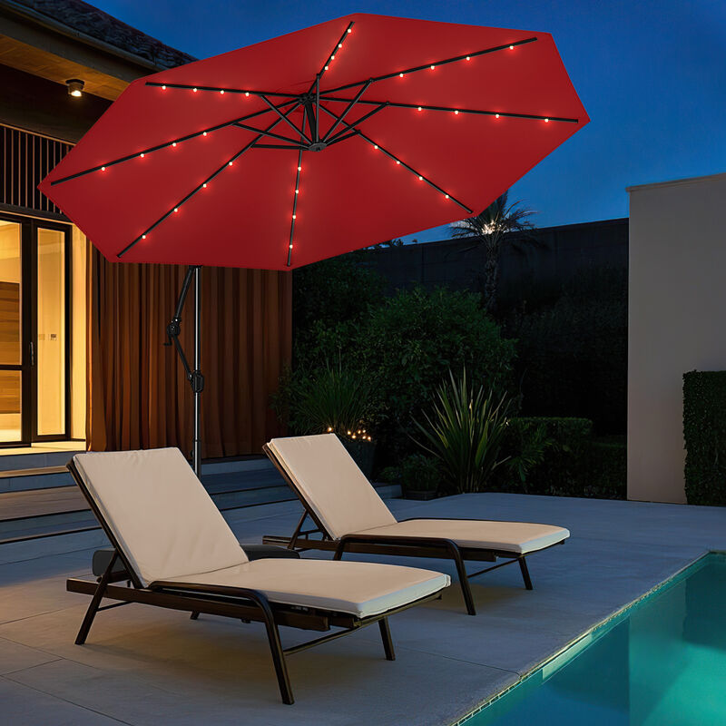 Solar Offset Umbrella with 32 LED Lights &ndash; Hanging Patio Shade with Base