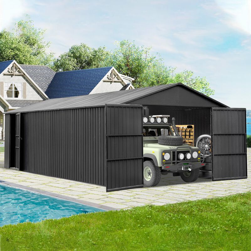 Mondawe 12x25FT Outdoor Metal Garage Shed, Extra Large Metal Carport with Lockable Double Hinged Doors image number 1