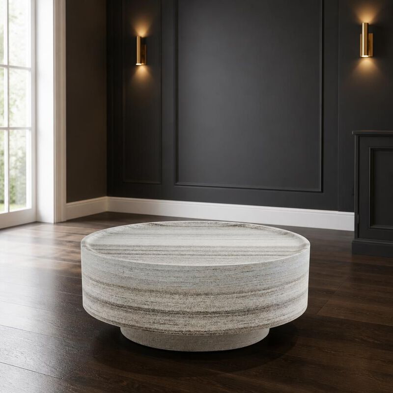 GOODSILO Round 31.5 Inch Mars Vein Marble Effect Drum Coffee Table, Living Room Statement Accent Furniture For Family Gatherings And Cozy Relaxation image number 3