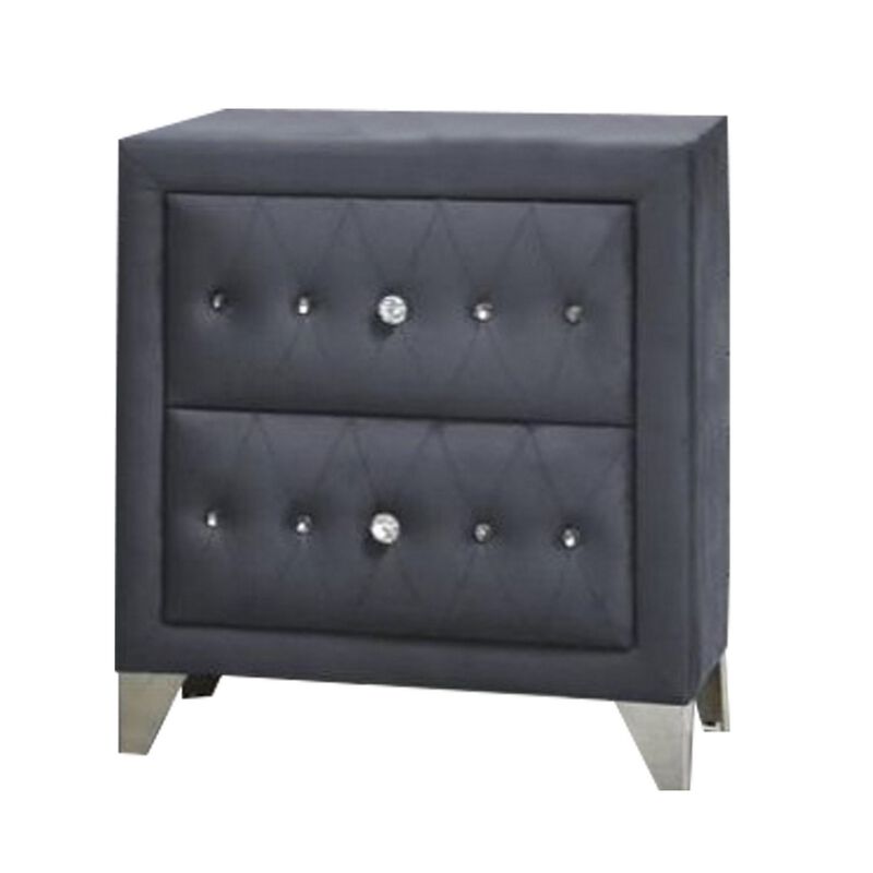 2 Drawer Fabric Frame Nightstand with Faux Crystals Accent, Gray-Benzara image number 1
