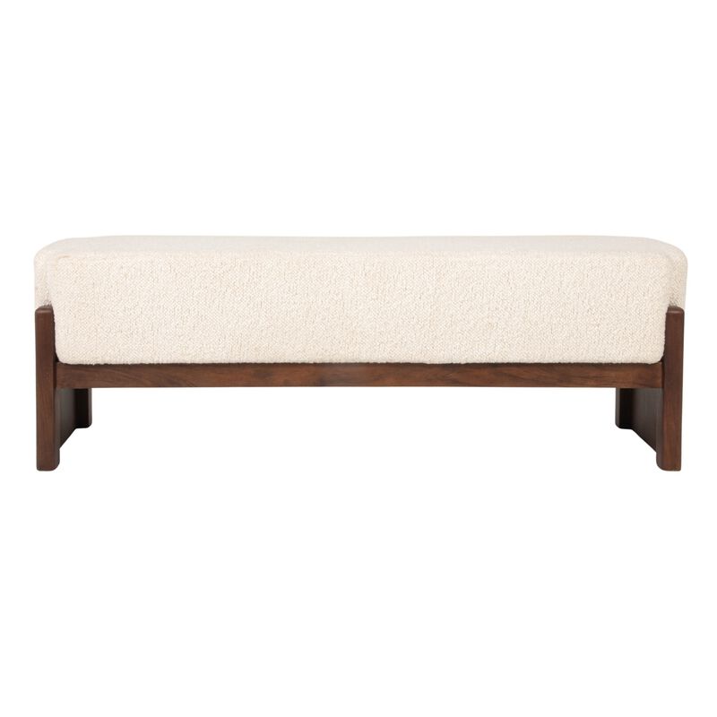 Boucle Upholstered Mango Wood Bench with Recessed Cushion and Slat-style Legs, Walnut image number 3