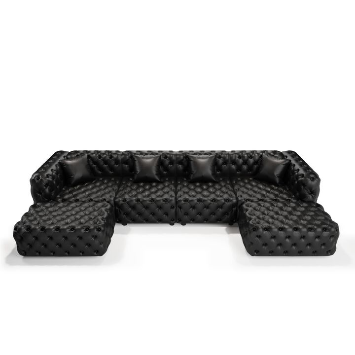 Whisen 4-Seat Modern Modular Sectional with 2 Ottomans, Faux Leather Upholstered, for Living Room