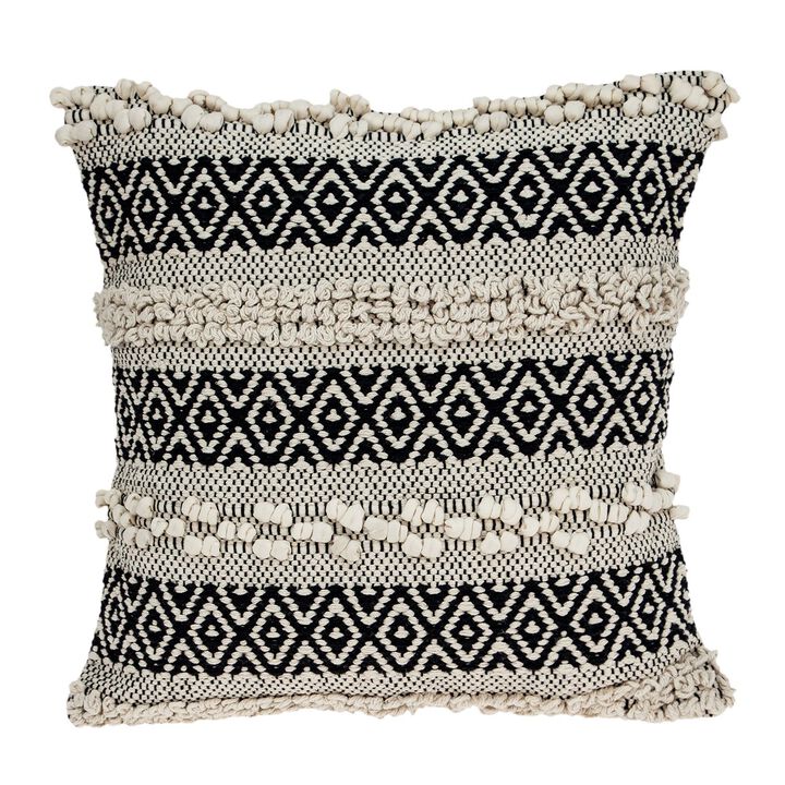 18" Beige and Black Striped Zig Zag Knotted Square Throw Pillow