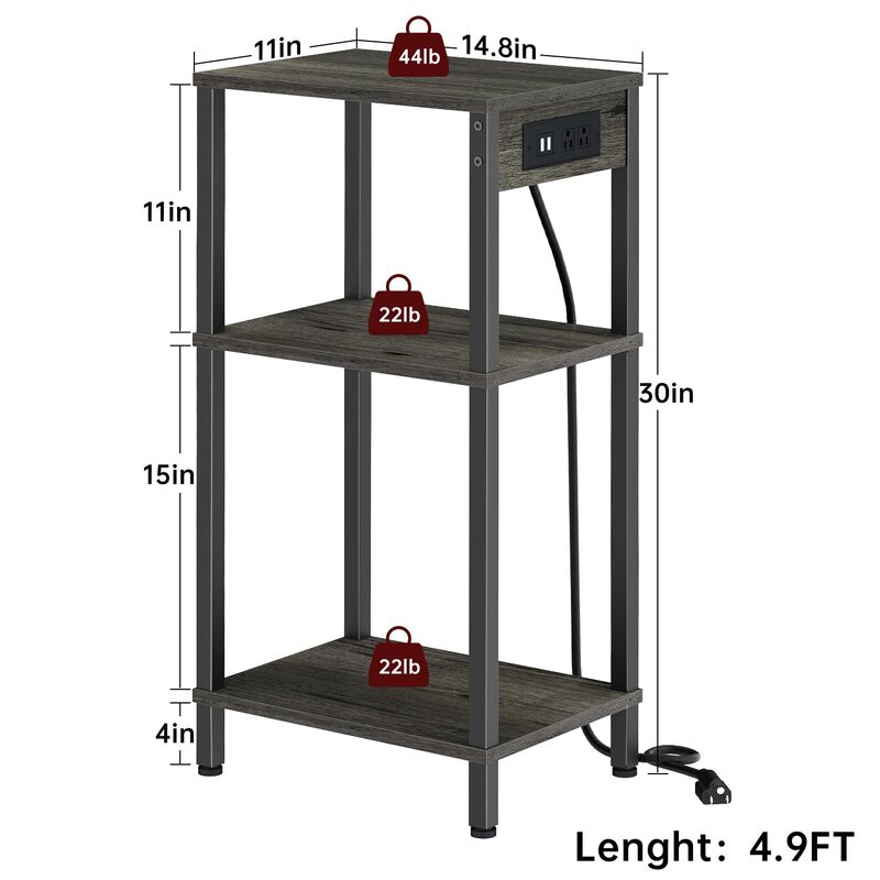 Creso hom Tall End Table with Charging Station and USB Ports, 3 Tier Narrow Side Table with Storage, Skinny Nightstand with Outl