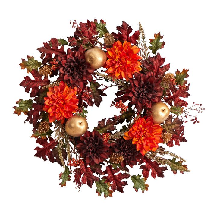 Nearly Natural 24-in Fall Dahlia, Golden Apple, Oak Leaf and Berries Autumn Artificial Wreath