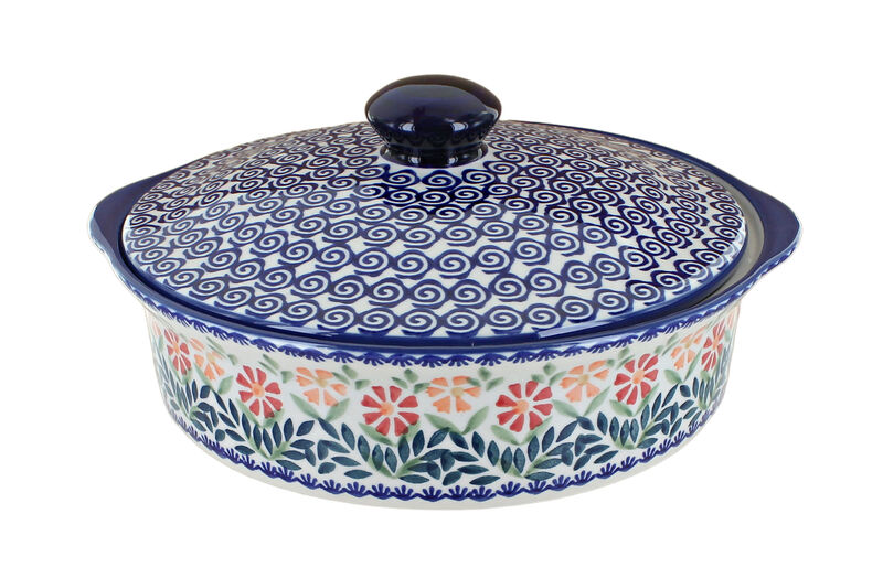 Blue Rose Polish Pottery Red Daisy Round Baker with Lid