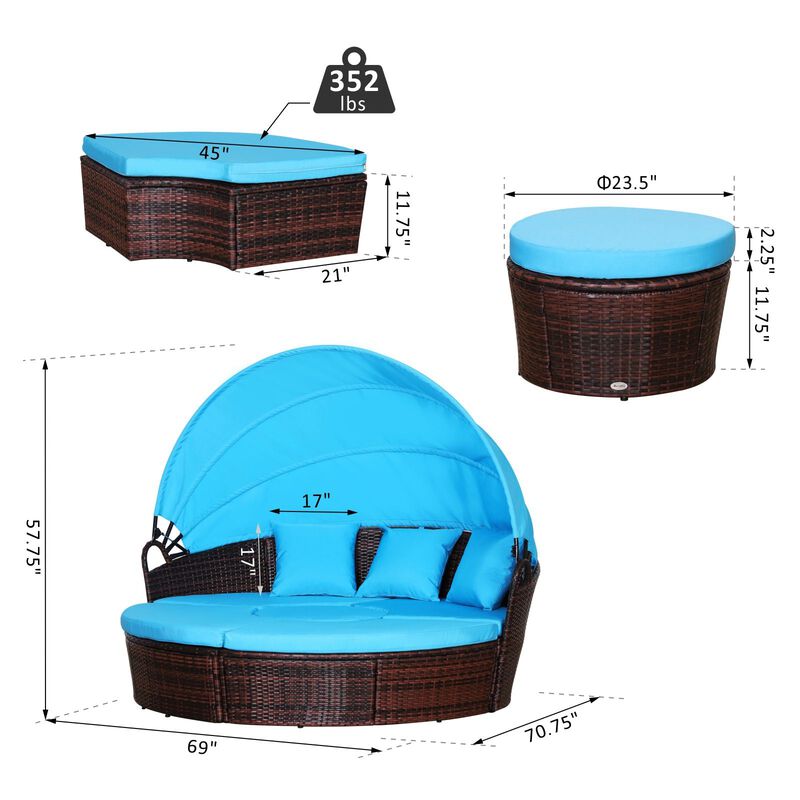 4-Piece Rattan Patio Furniture Set, Round Convertible Daybed or Sunbed with Adjustable Sun Canopy, Sectional Sofa, 2 Chairs, Table, 3 Pillows, Blue image number 3