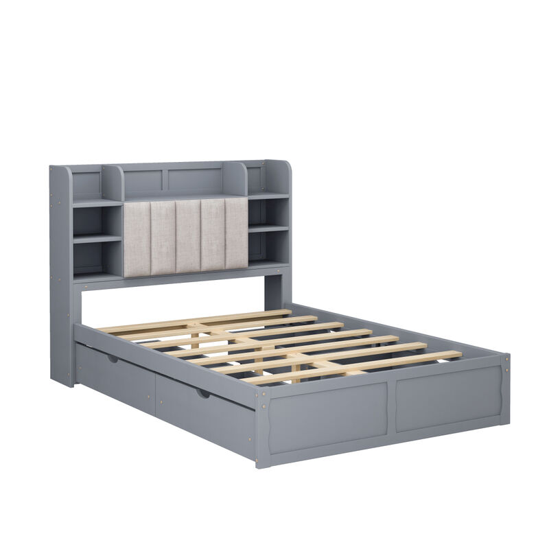Multifunctional Full Size Bed Frame with 4 Underbed Portable Storage Drawers and Multitier Bedside Storage Shelves, Grey