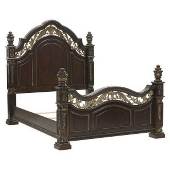 Lumi Queen Bed, Classical Metal Scrollwork, Dark Cherry Brown and Gold - Benzara