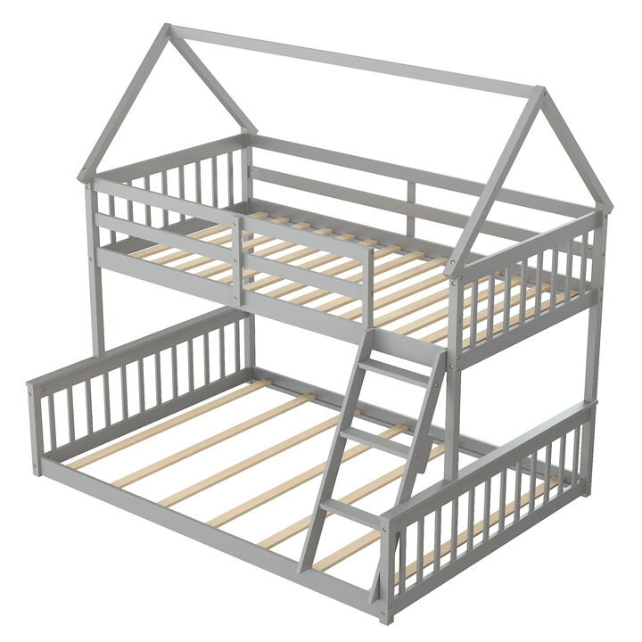 Twin Over Full House Bunk Bed with Ladder and Guardrails