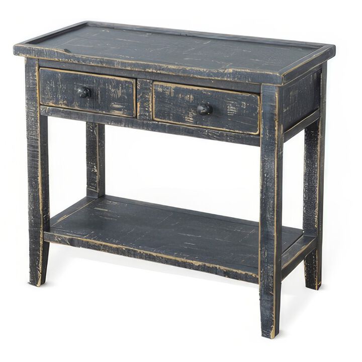 Rena Side End Table, 2 Drawers 1 Shelf, 28 Inch Rustic Black Mahogany