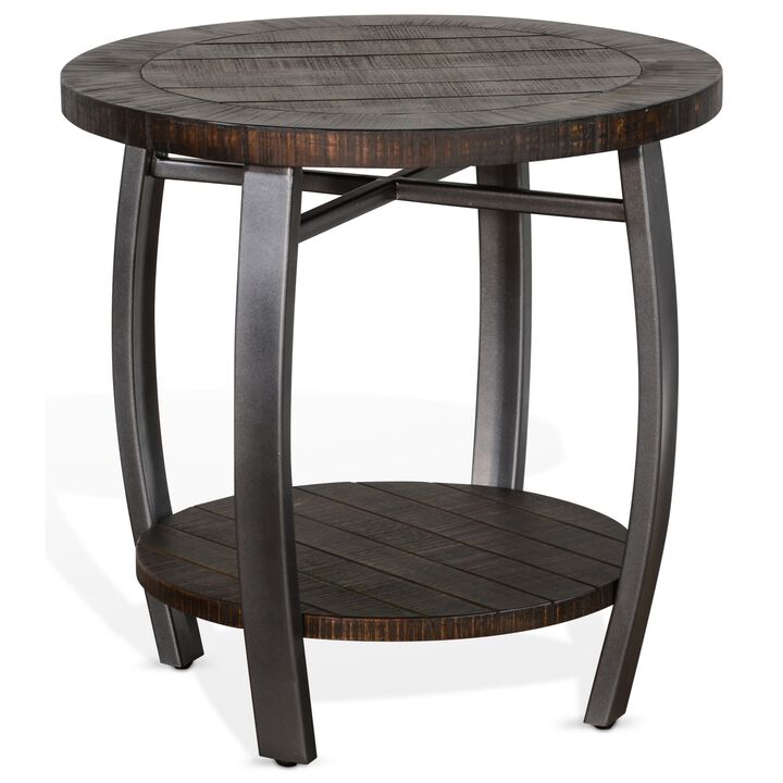 Flint Side End Table w Shelf, Barrel Shape, 24 Inch Dark Brown Round