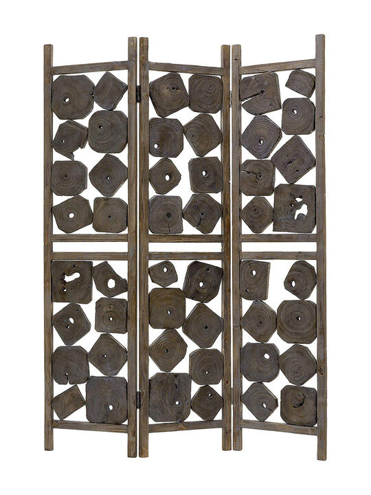 Contemporary 3 Panel Wooden Screen with Square Log Cut Inset, Brown - Benzara