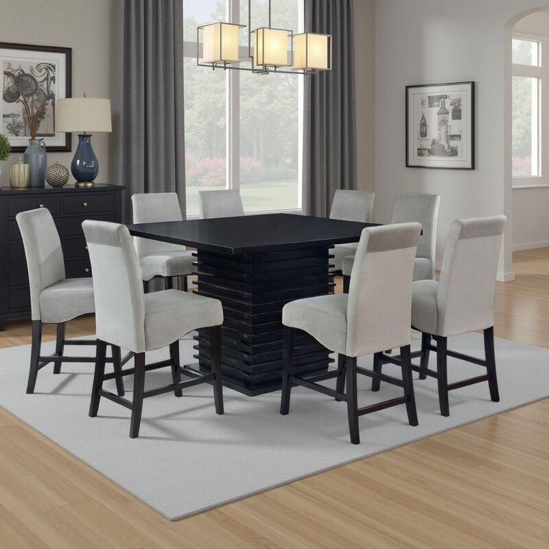 Tela 9pc Counter Height Dining Set, Black Wood Table, 8 Gray Chairs image number 1