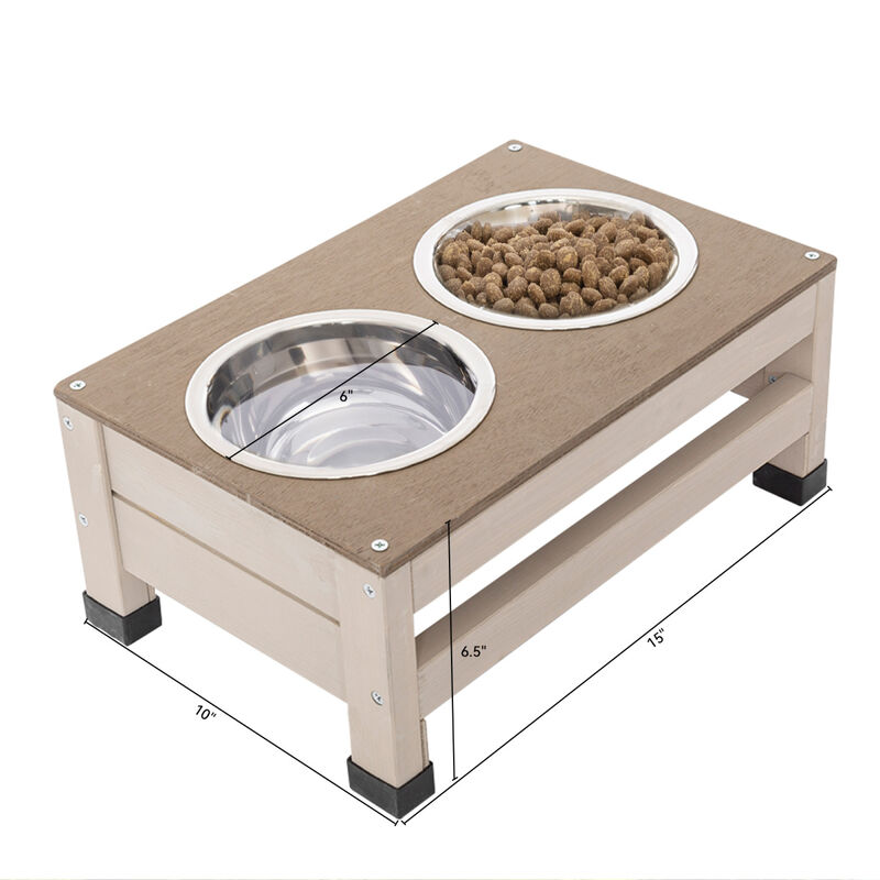 Outdoor For wood dog house with an open roof ideal for small to medium dogs. With storage box, elevated feeding station with 2 bowls. Weatherproof asphalt roof and treated wood