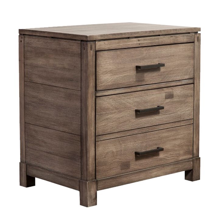 Rustically Designed Nightstand with 3 Drawers  Brown-Benzara
