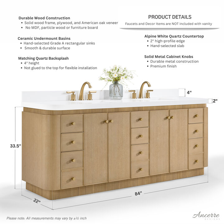 Aston 84 inch Bath Vanity Set in American Oak Finish with Alpine White Quartz Top