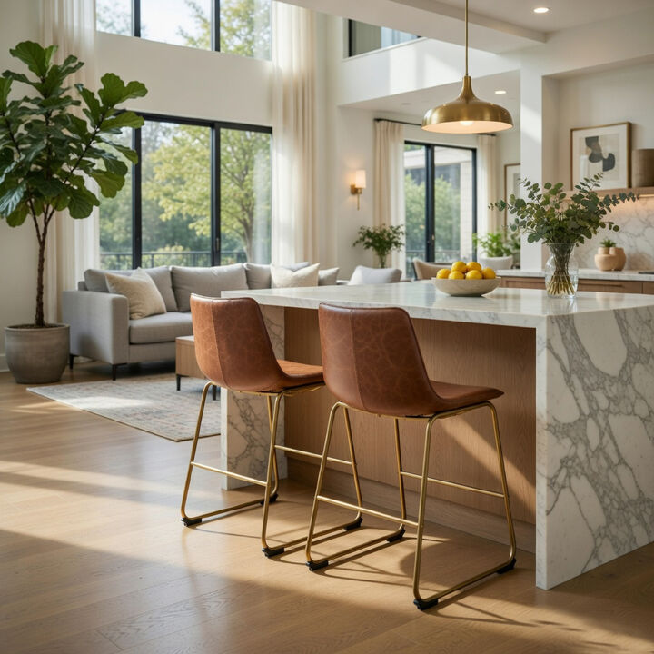 Cia Dining Side Chair Set of 2, Brown Faux Leather, Metal Frame Gold