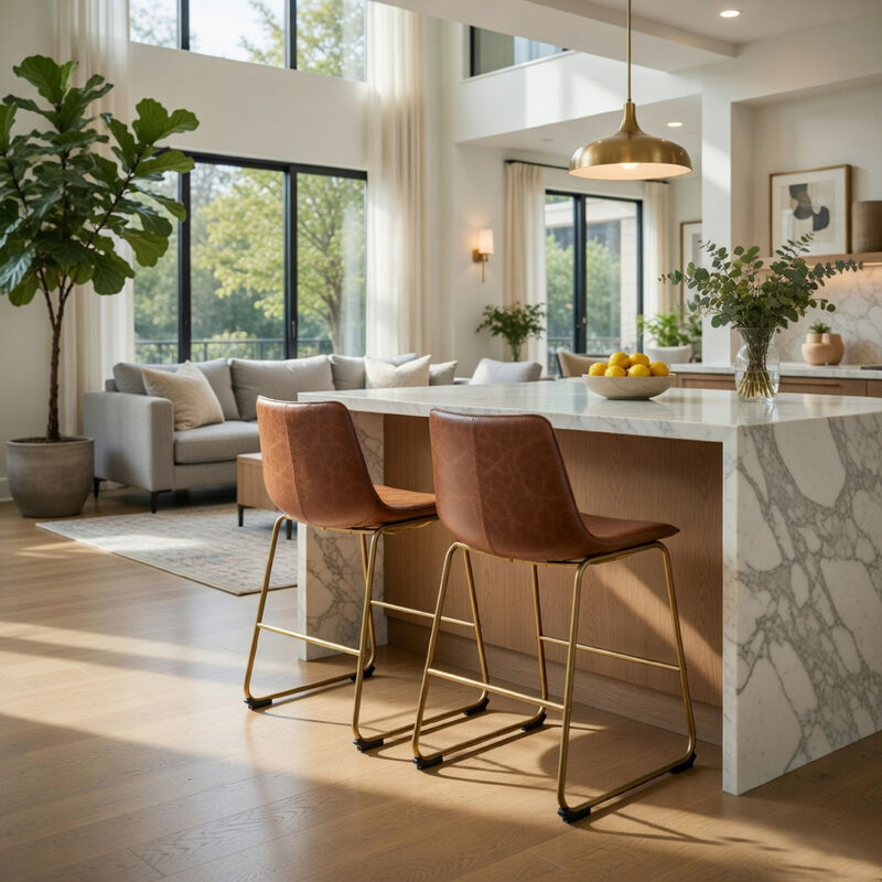 Cia Dining Side Chair Set of 2, Brown Faux Leather, Metal Frame Gold image number 1