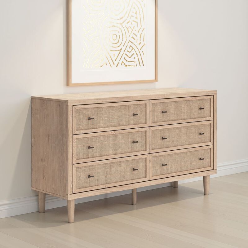 Ciel Wide Dresser, 6 Drawers with Metal Knob Handles, Brown and Bronze - Benzara