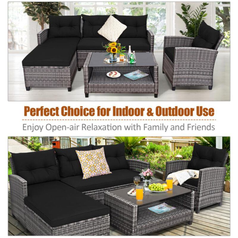 Hivvago 4 Pieces Patio Rattan Sofa Furniture Set with Cushion and 2-Tier Coffee Table