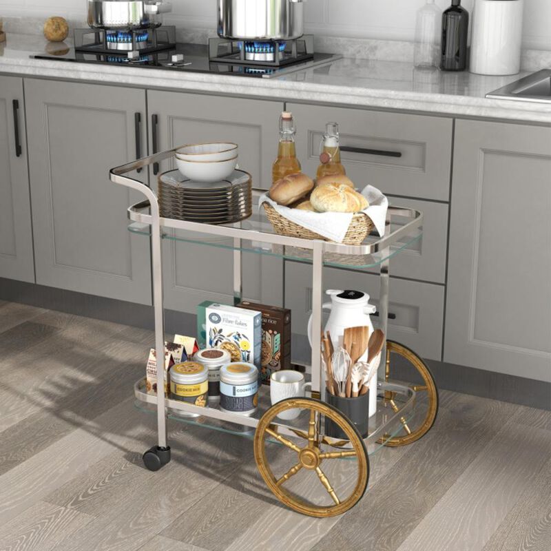 Hivvago 2-Tier Tempered Glass Bar Cart with 2 Large Aluminum Wheels and 2 Rolling Casters