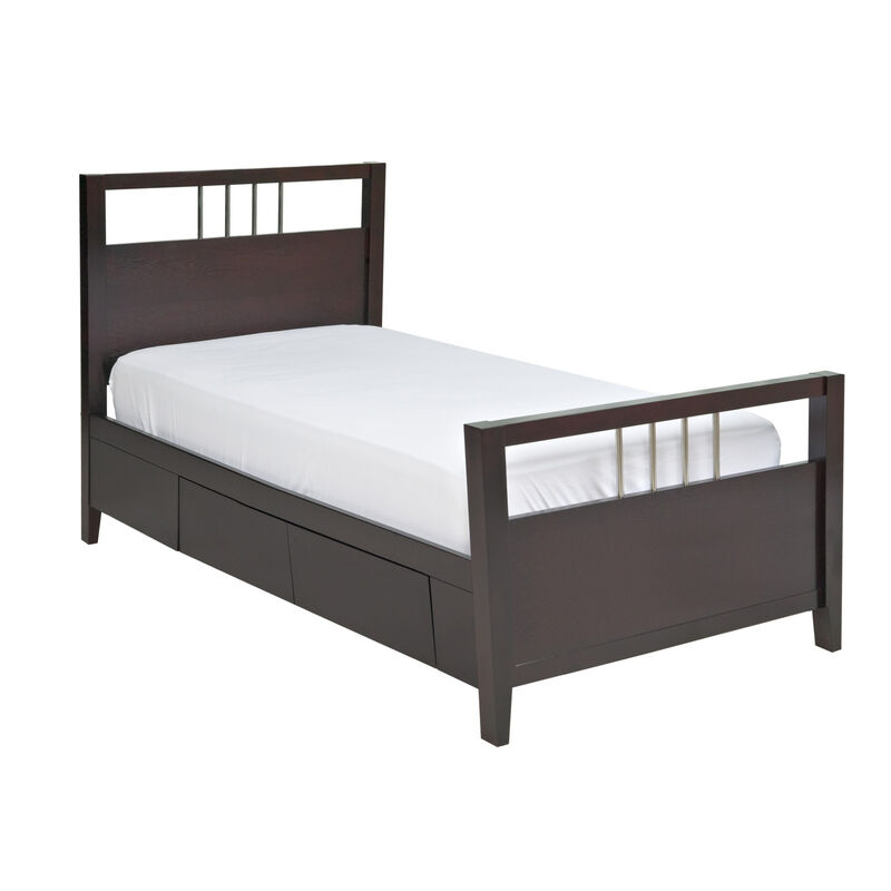 Fang Queen Size Storage Bed, Sleigh Headboard, 4 Drawers, Espresso Brown  - Benzara