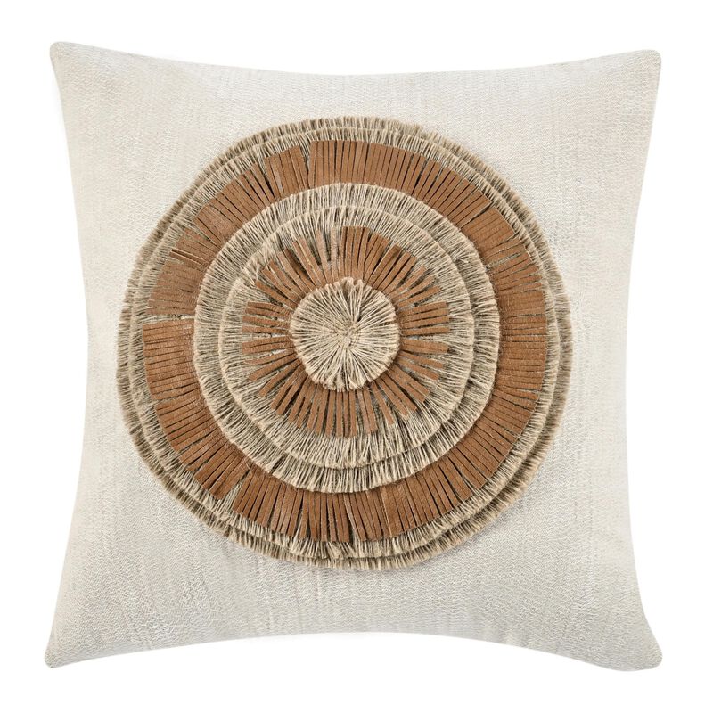 Square Accent Throw Pillow, 22 Inch Ivory Cotton, Brown Leather, Jute - Benzara