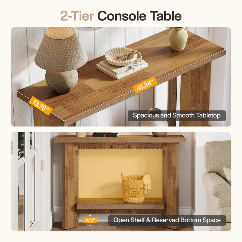 2-Tier Sofa Console Table with Storage Shelf for Narrow Entryway-Brown image number 7