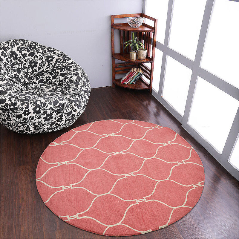 RUGSOTIC CARPETS HAND TUFTED WOOL ECO-FRIENDLY AREA RUGS  - 8'x8', Round Shape, Light Red Beige, Geometric Modern Design, High Pile Handmade Anti Skid Area Rugs for Living Room, Bed Room (K01004)
