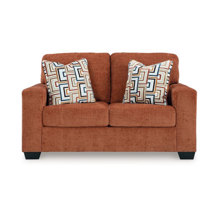 Avie Loveseat, 2 Accent Pillows, Burnt Orange Polyester, 62 Inch - Benzara