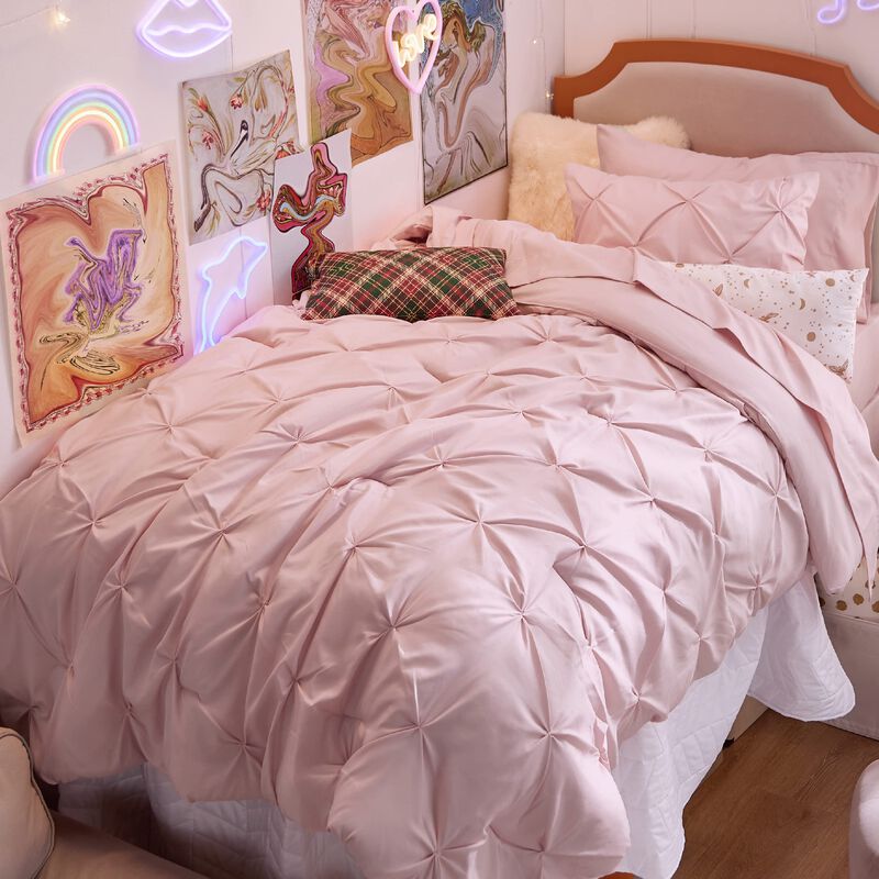 Bedsure Pink Twin Comforter Set for Girls - 5 Pieces Twin Bedding Sets, Pinch Pleat Pink Twin Bed in a Bag with Comforter, Sheet