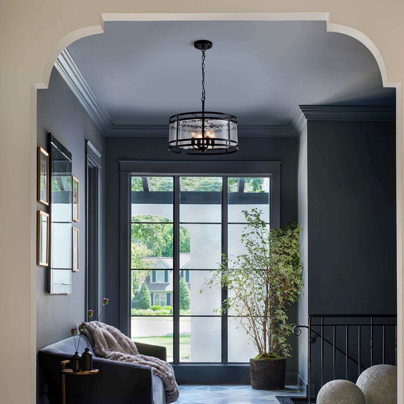 Bella 20" 4-light Water Textured Curved Glass Drum Round Chandelier - Black image number 4