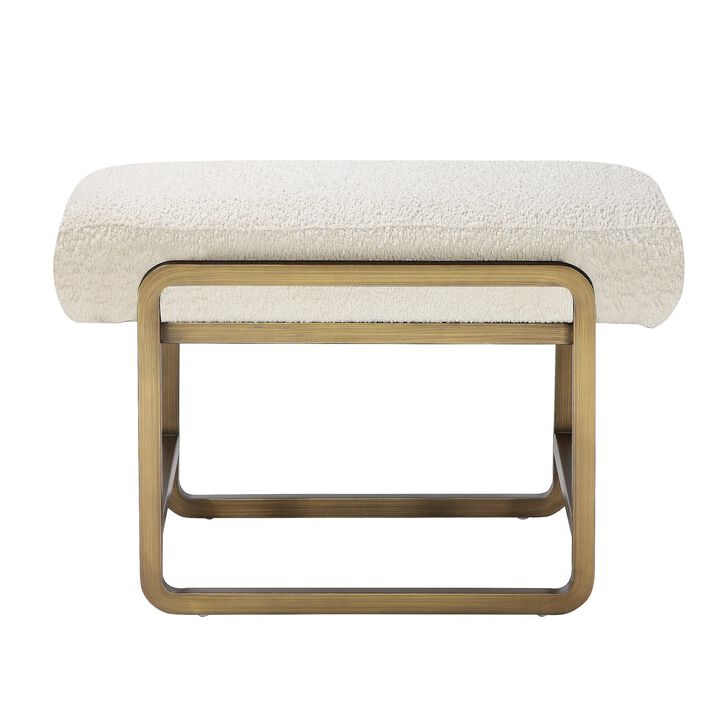 Loer 18 Inch Modern Accent Stool, Ivory Boucle Upholstery, Sled Brass Legs - Benzara